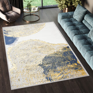 Vloerkleed Shine Creme Goudkleur Blauw Abstract 3D-Effect