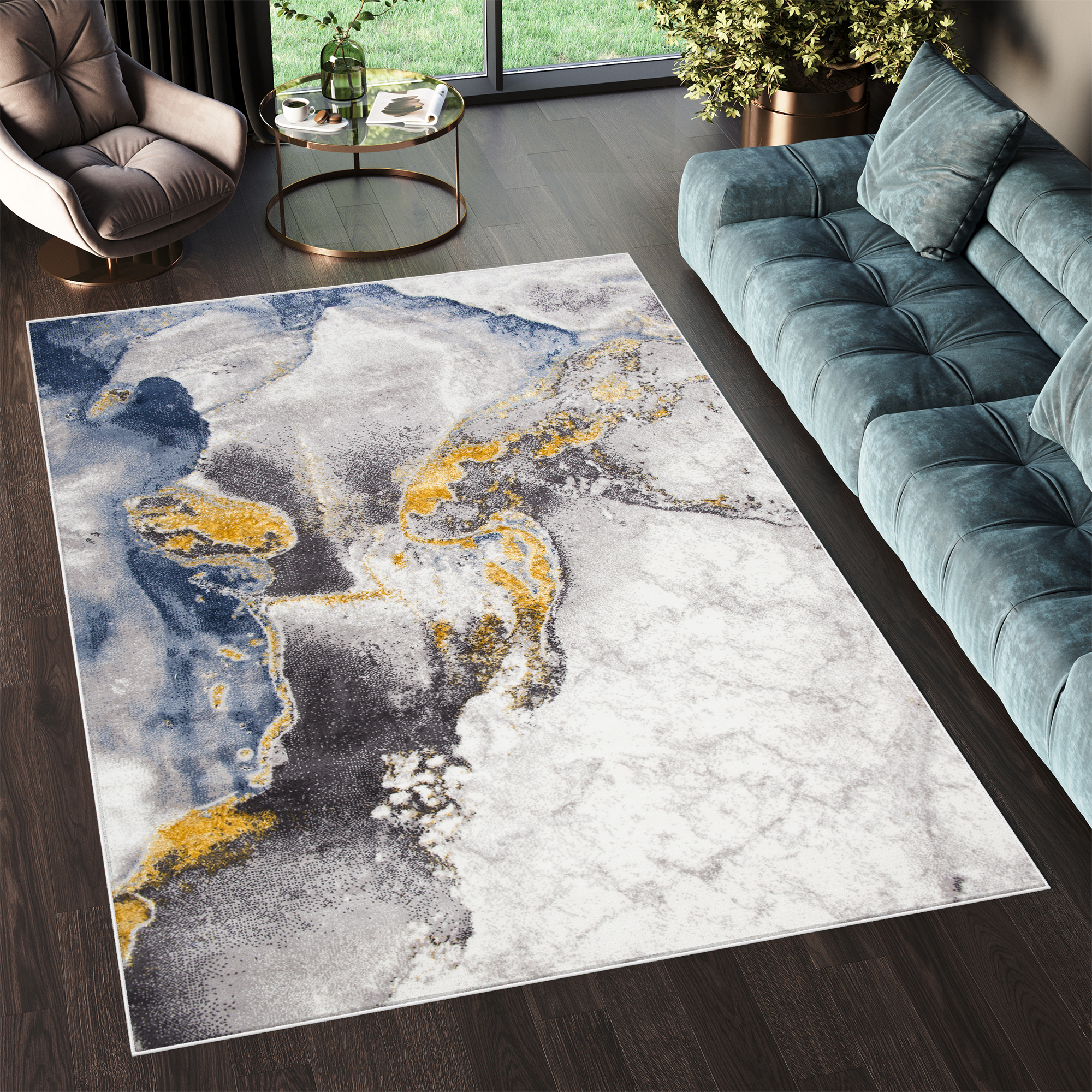 Vloerkleed Shine Creme Grijs Blauw Goudkleur Marmer 3D-Effect