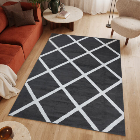 Vloerkleed Luxury Donker Grijs Wit Geometrisch Geruit