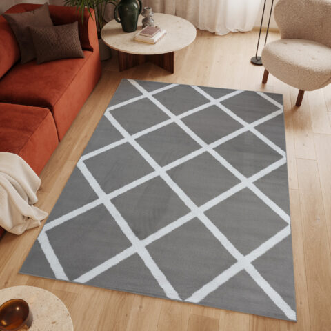 Vloerkleed Luxury Licht Grijs Wit Geometrisch Geruit