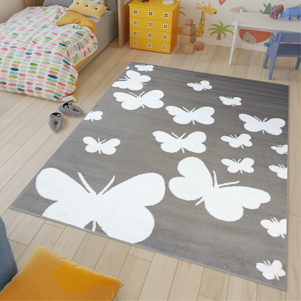 Vloerkleed Luxury Grijs Wit Vlinders Kindertapijt
