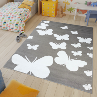 Vloerkleed Luxury Grijs Wit Vlinders Kindertapijt