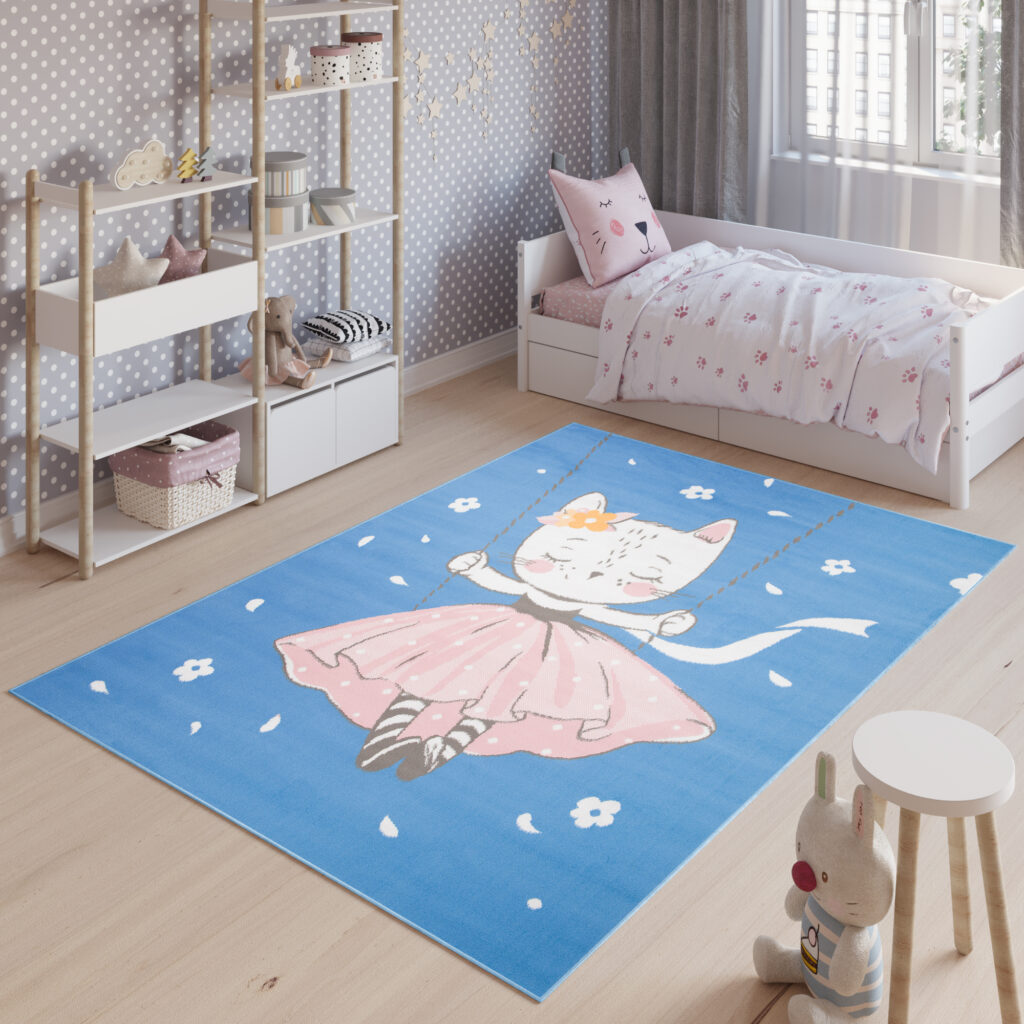 Vloerkleed Jolly Kat Blauw Bloemen Trendy Woonsfeer