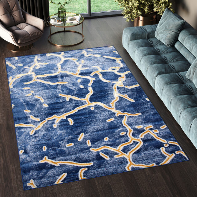 Vloerkleed Shine Marineblauw Goudkleur Abstract 3D-Effect