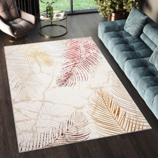Vloerkleed Golden Creme Goudkleur Rood Bladeren