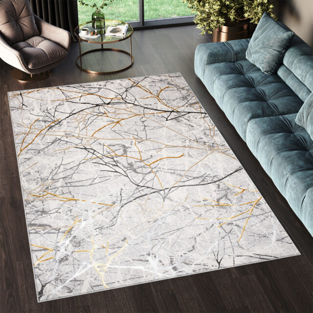 Vloerkleed Golden Grijs Goudkleur Bruin Lijnen