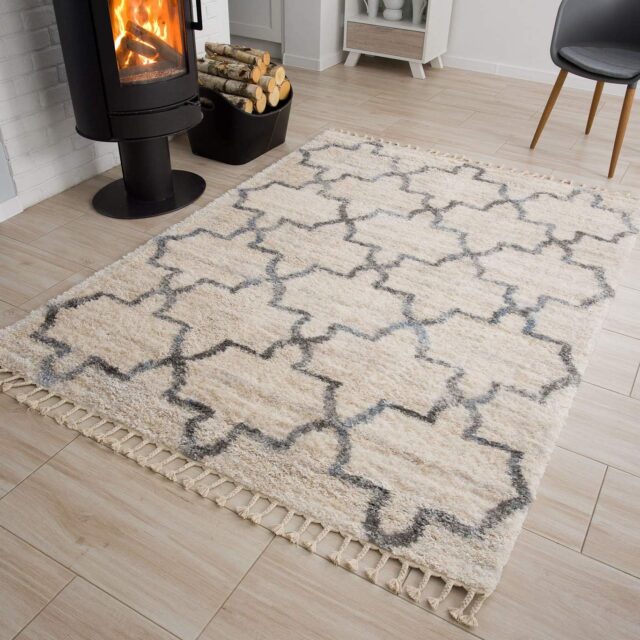 Vloerkleed Versay Fringes Kwastjes Creme Boho Marokkaanse Trellis