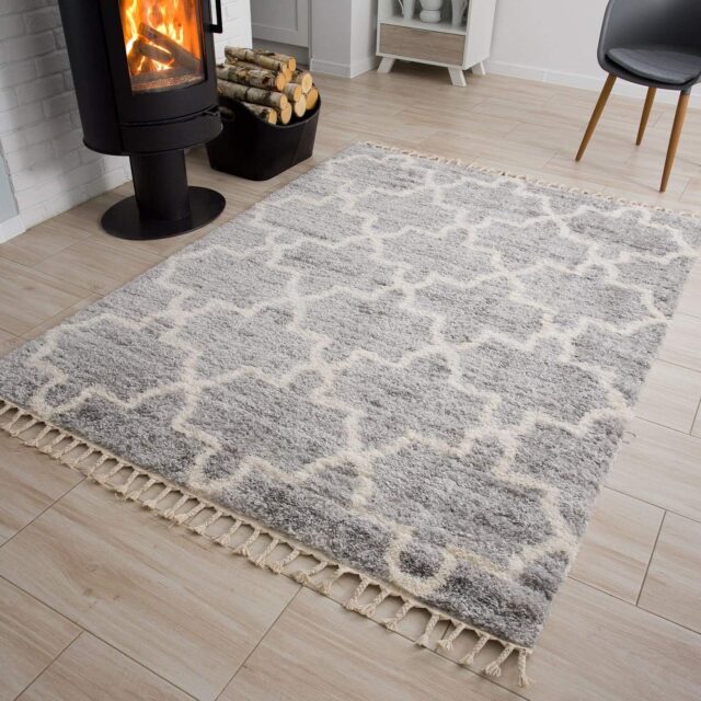 Vloerkleed Versay Fringes Grijs Kwastjes Boho Marokkaanse Trellis