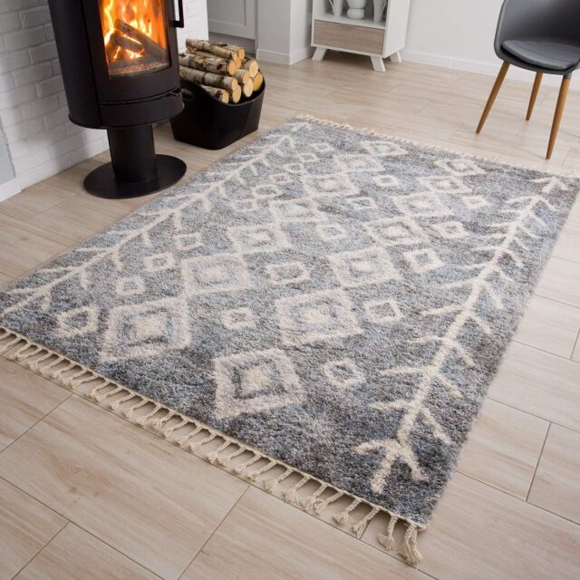 Vloerkleed Versay Fringes Donkergrijs Boho Kwastjes Pijlen Design