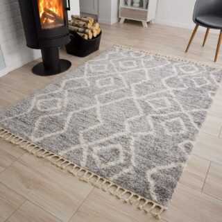 Vloerkleed Versay Fringes Grijs Kwastjes Boho Abstract Woonsfeer