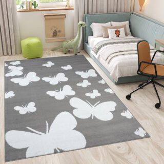 Vloerkleed Luxury Grijs Wit Vlinders Kindertapijt