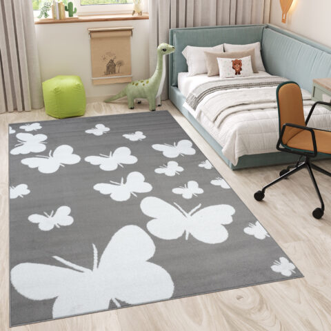 Vloerkleed Luxury Grijs Wit Vlinders Kindertapijt