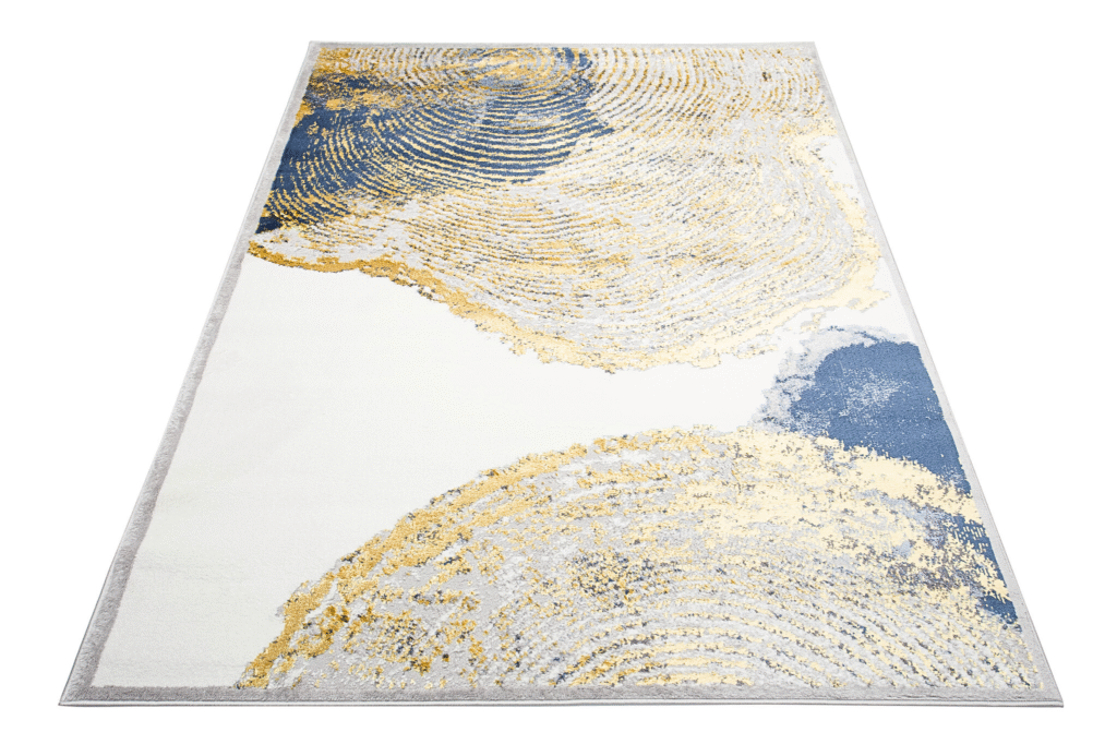Vloerkleed Shine Creme Goudkleur Blauw Abstract 3D-Effect