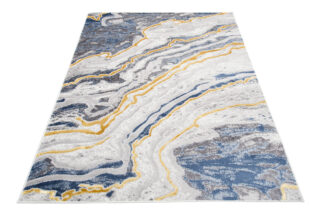 Vloerkleed Shine Grijs Blauw Goud Golven Lijnen Abstract