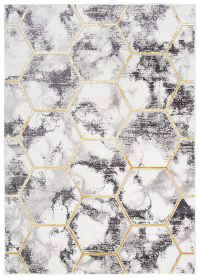 Vloerkleed Shine Grijs Goudkleur Zeshoek Geometrisch 3D-Effect