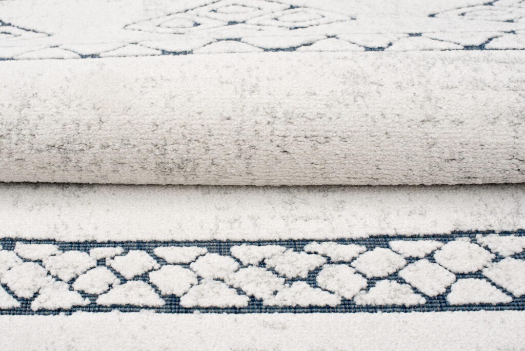 Vloerkleed Lotus Creme Blauw Abstract Modern Lijnen Woonsfeer