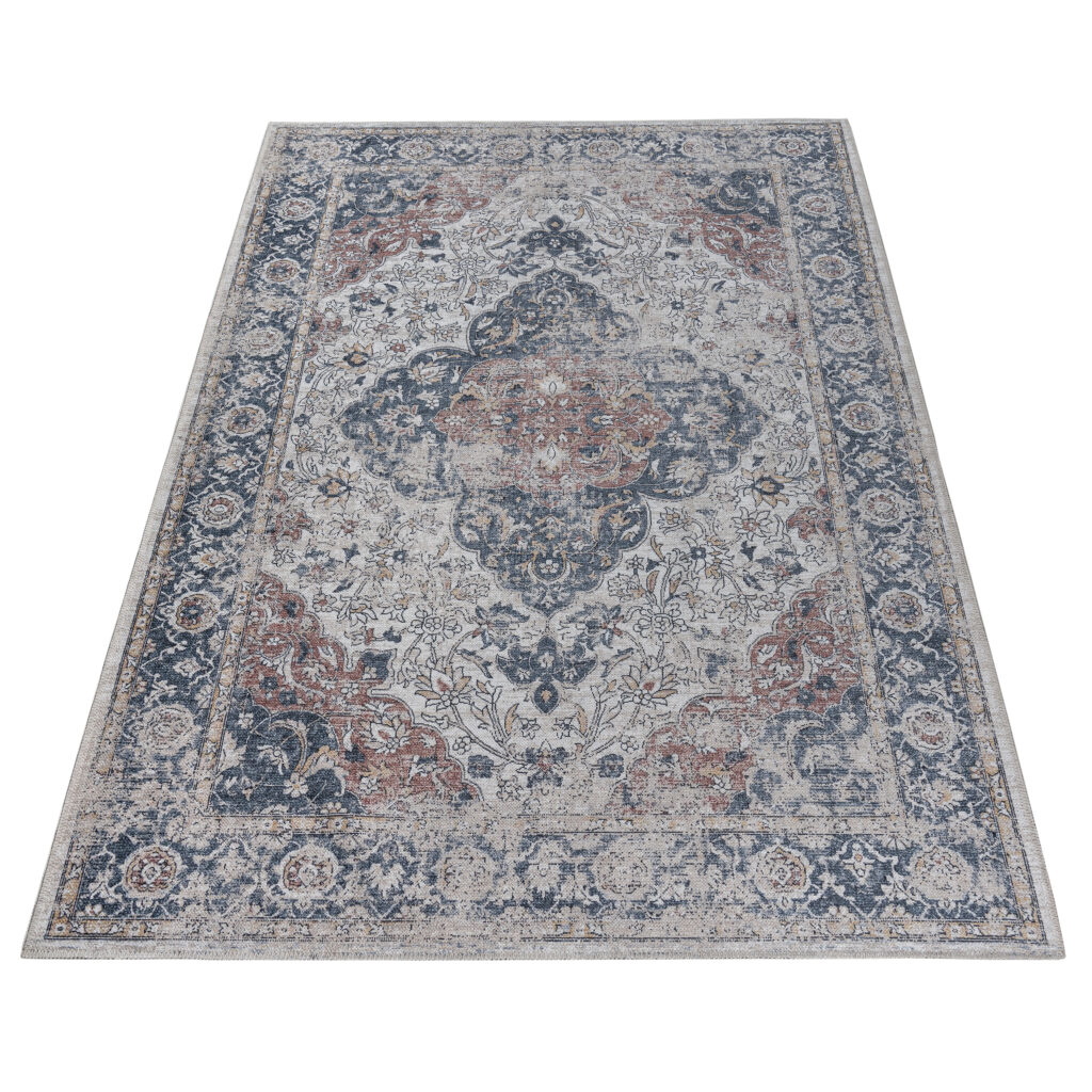 Vloerkleed Ritz Blauw Creme Vintage Rozet