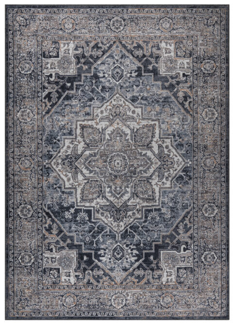 Vloerkleed Ritz Marineblauw Grijs Vintage Rozet