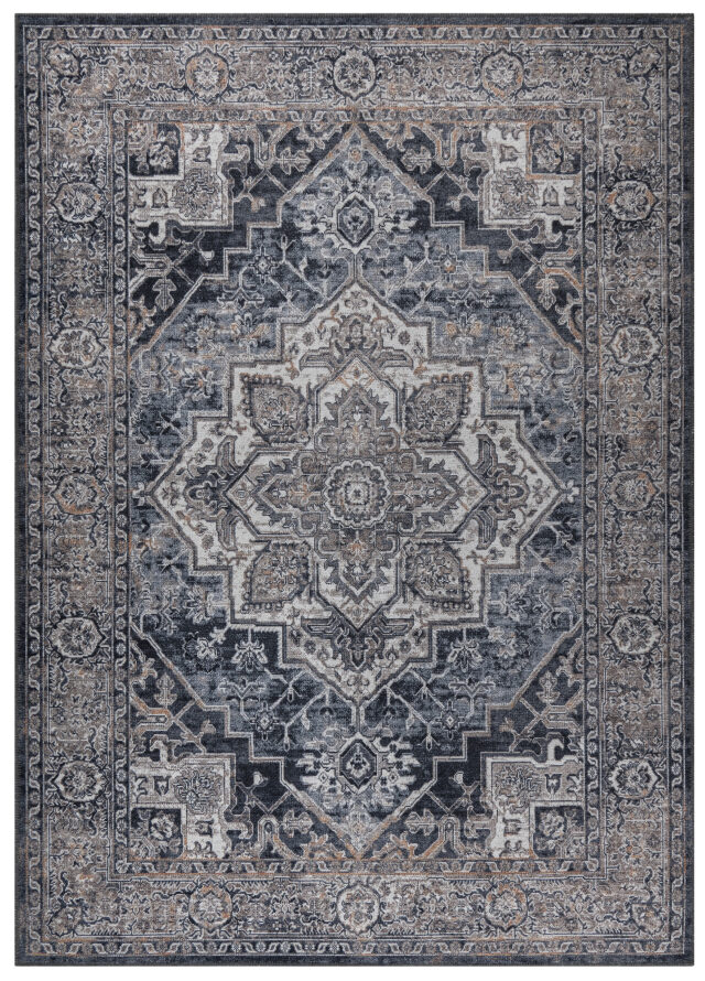 Vloerkleed Ritz Marineblauw Grijs Vintage Rozet