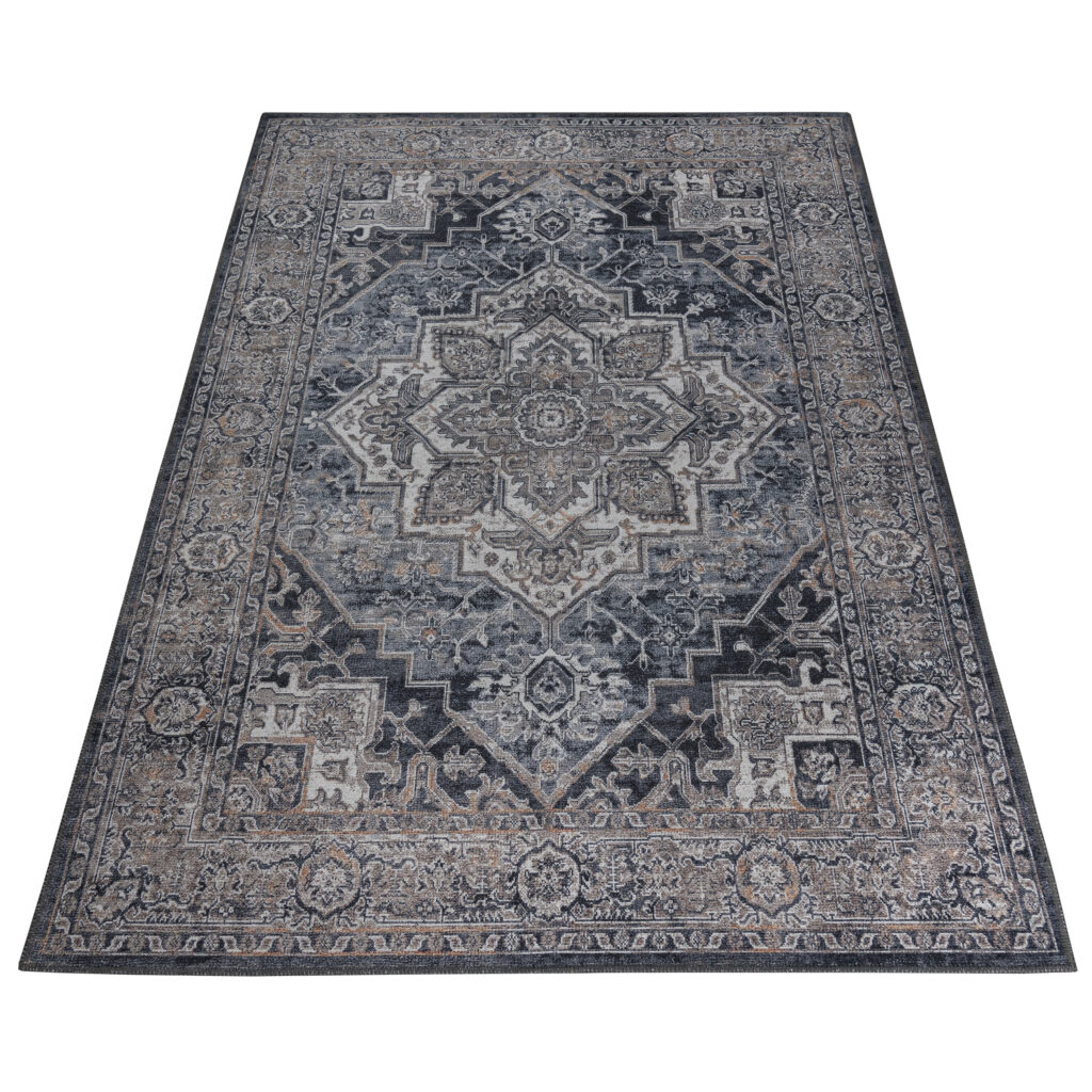 Vloerkleed Ritz Marineblauw Grijs Vintage Rozet