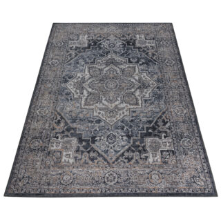 Vloerkleed Ritz Marineblauw Grijs Vintage Rozet