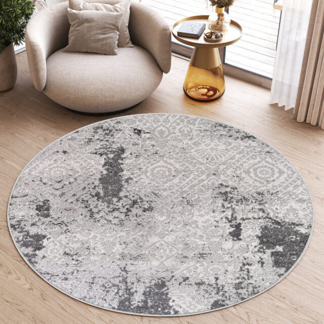 Vloerkleed Sky Rond Grijs Creme Vintage Ornamenten
