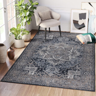 Vloerkleed Ritz Marineblauw Grijs Vintage Rozet