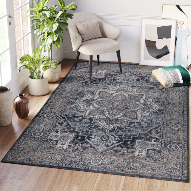 Vloerkleed Ritz Marineblauw Grijs Vintage Rozet