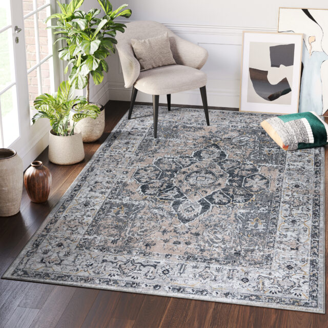Vloerkleed Ritz Grijs Beige Vintage Rozet