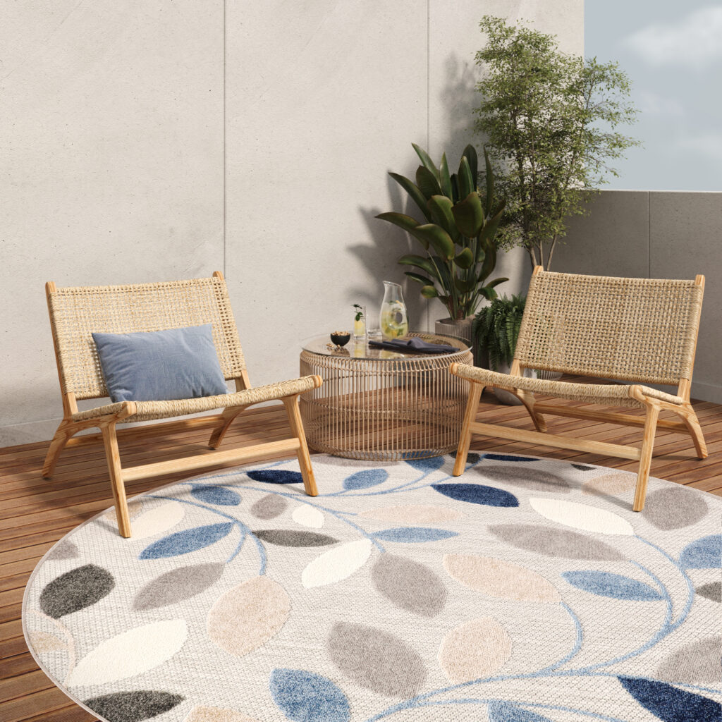 Buitenkleed Patio Rond Grijs Blauw Bladeren