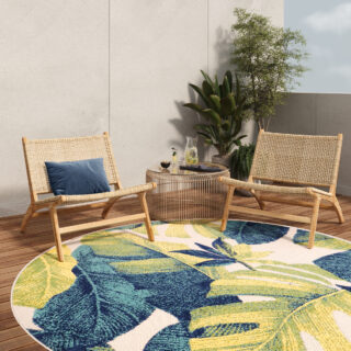 Buitenkleed Patio Rond Creme Bladeren Palmbomen
