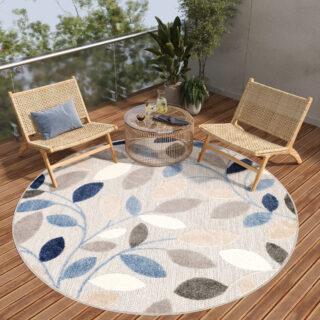 Buitenkleed Patio Rond Grijs Blauw Bladeren