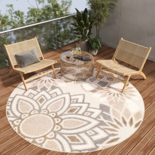 Buitenkleed Patio Rond Creme Grijs Bloemen