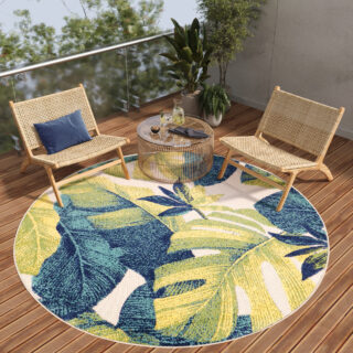Buitenkleed Patio Rond Creme Bladeren Palmbomen
