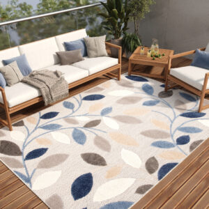 Vloerkleed Buitenkleed Patio Grijs Blauw Bladeren