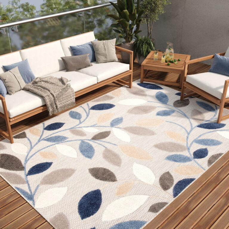 Vloerkleed Buitenkleed Patio Grijs Blauw Bladeren