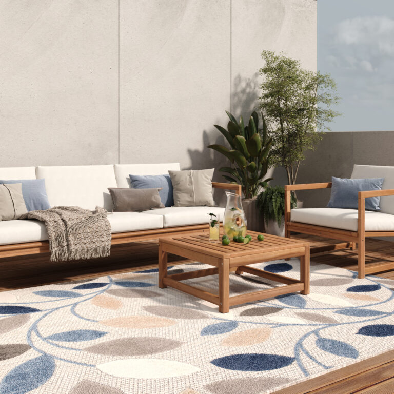 Vloerkleed Buitenkleed Patio Grijs Blauw Bladeren