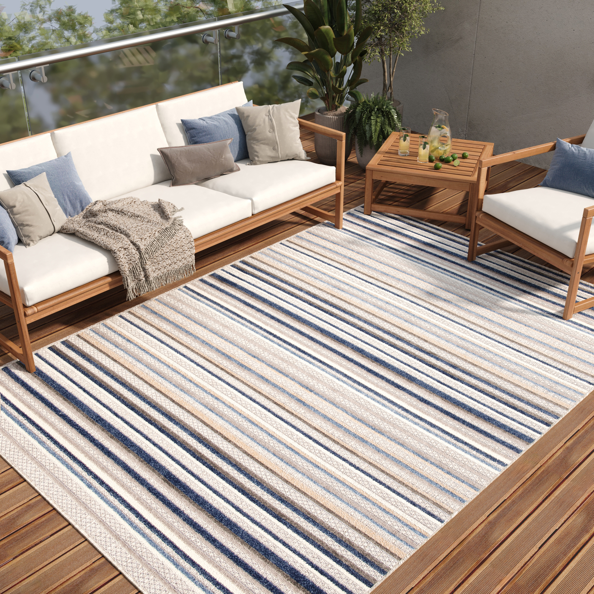 Vloerkleed Buitenkleed Patio Grijs Blauw Gestreept