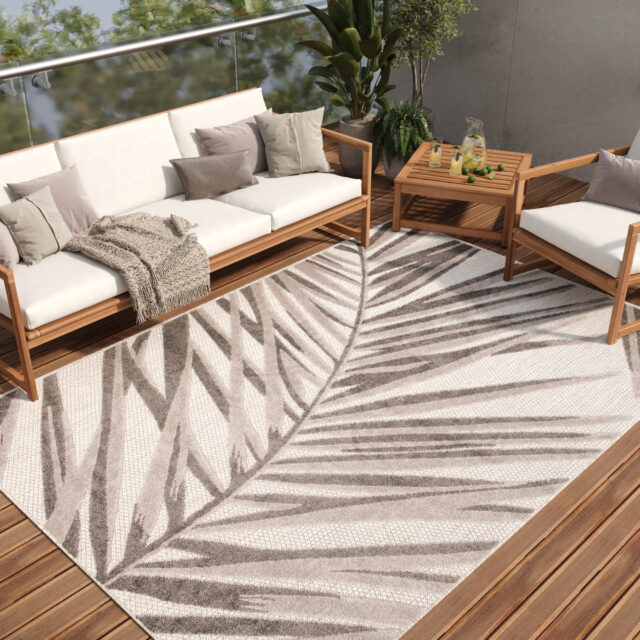 Buitenkleed Patio Grijs Beige Bladeren
