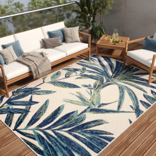Buitenkleed Patio Creme Blauw Bladeren