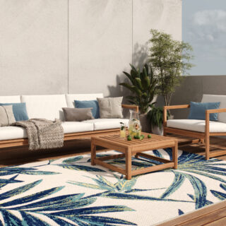 Buitenkleed Patio Creme Blauw Bladeren