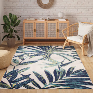 Buitenkleed Patio Creme Blauw Bladeren