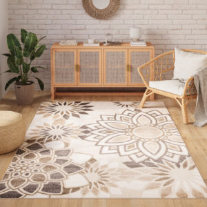 Vloerkleed Buitenkleed Patio Creme Grijs Bloemen