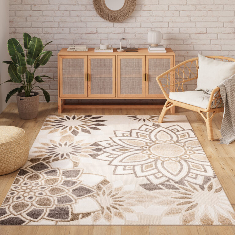 Vloerkleed Buitenkleed Patio Creme Grijs Bloemen