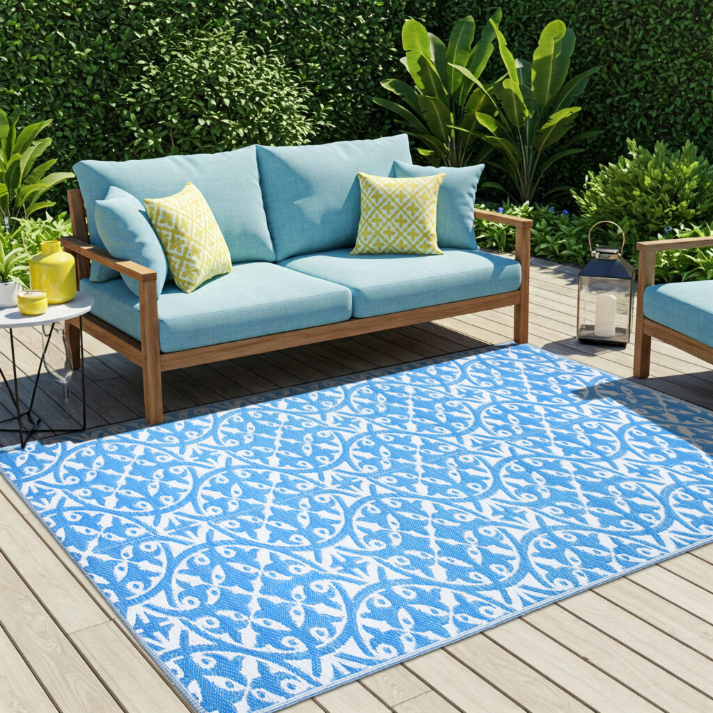 Vloerkleed Ibiza Kunststof Dubbelzijdig Waterdicht Marineblauw Wit Cirkels