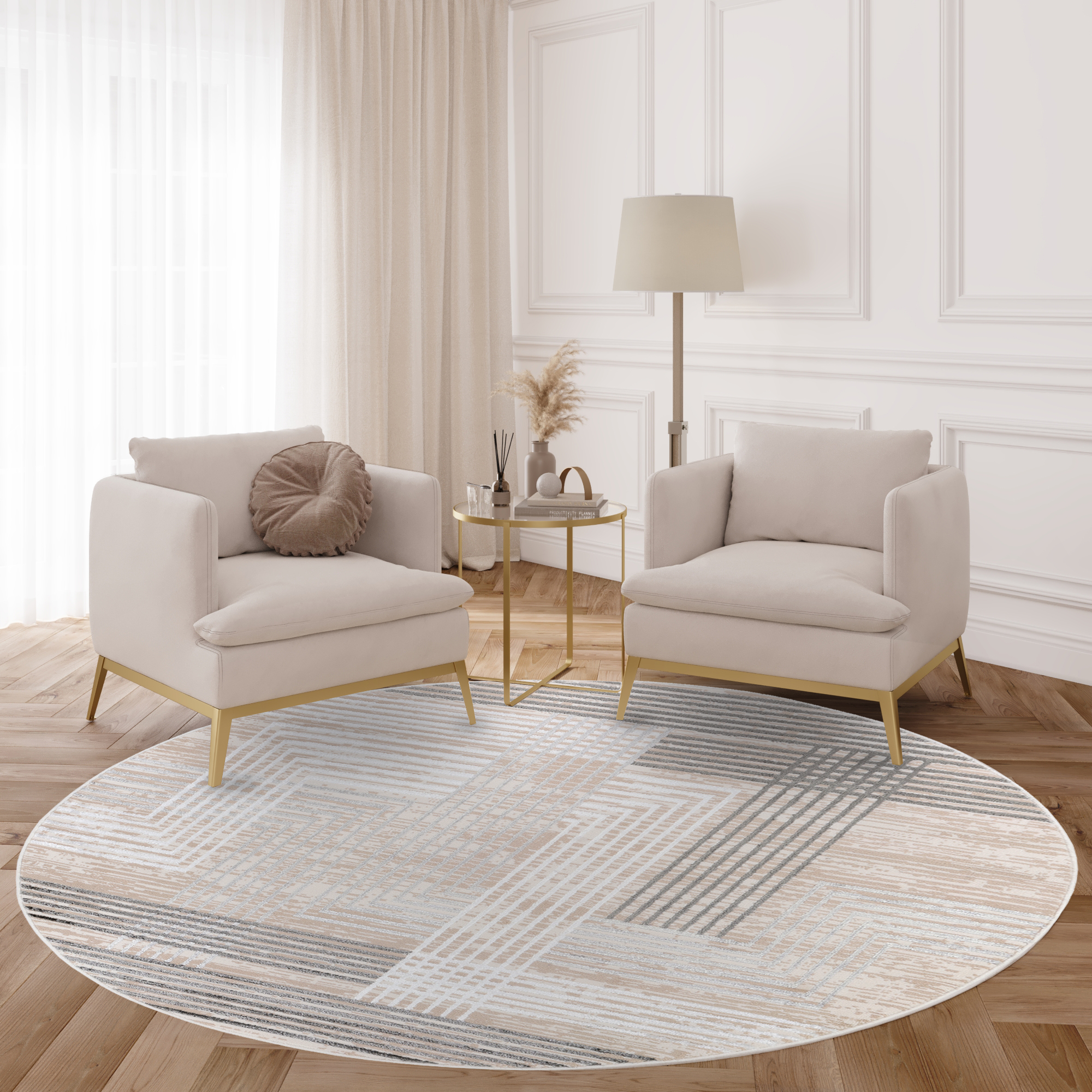 Vloerkleed Crystal Rond Grijs Beige Crème Strepen