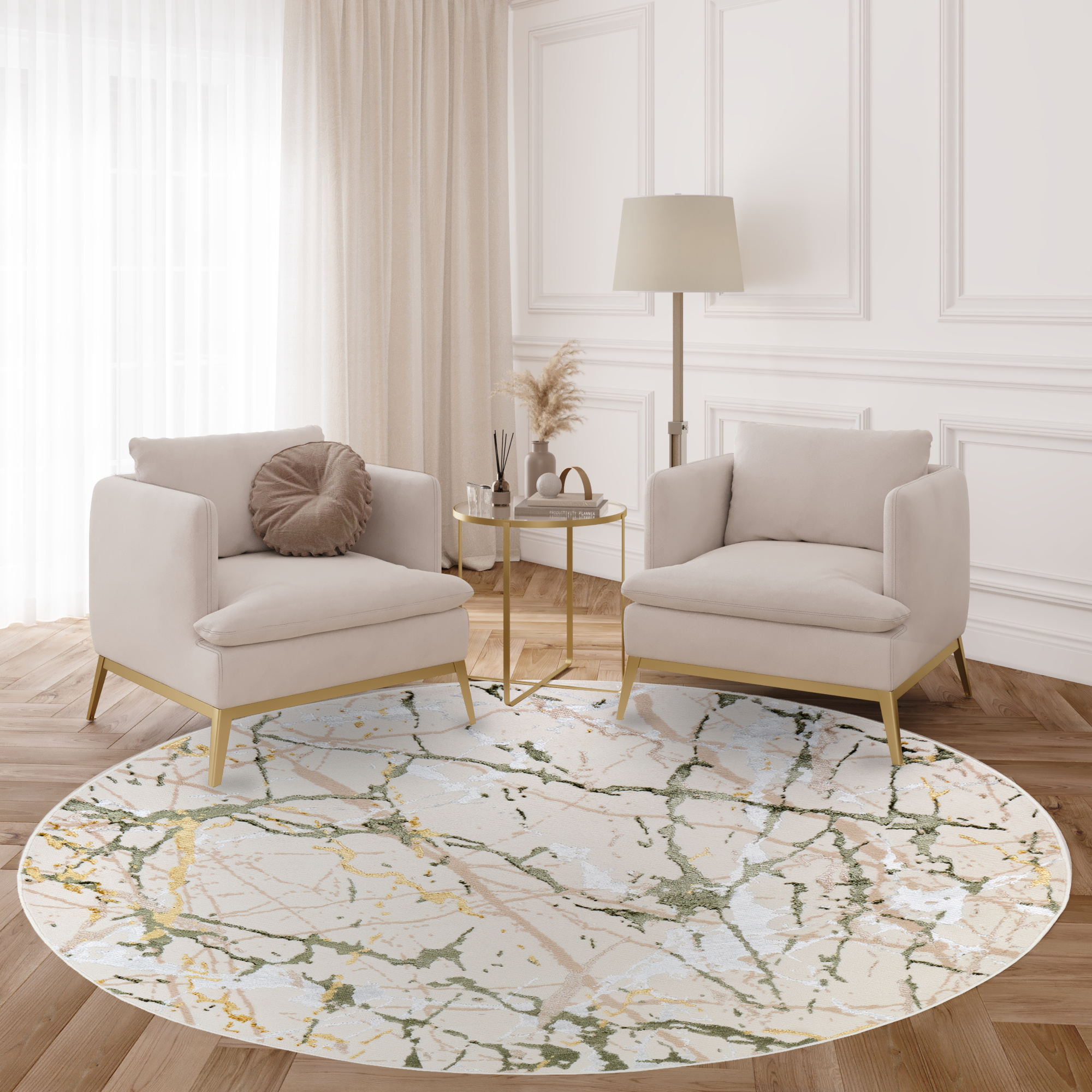 Vloerkleed Crystal Rond Groen Creme Abstract Marmer