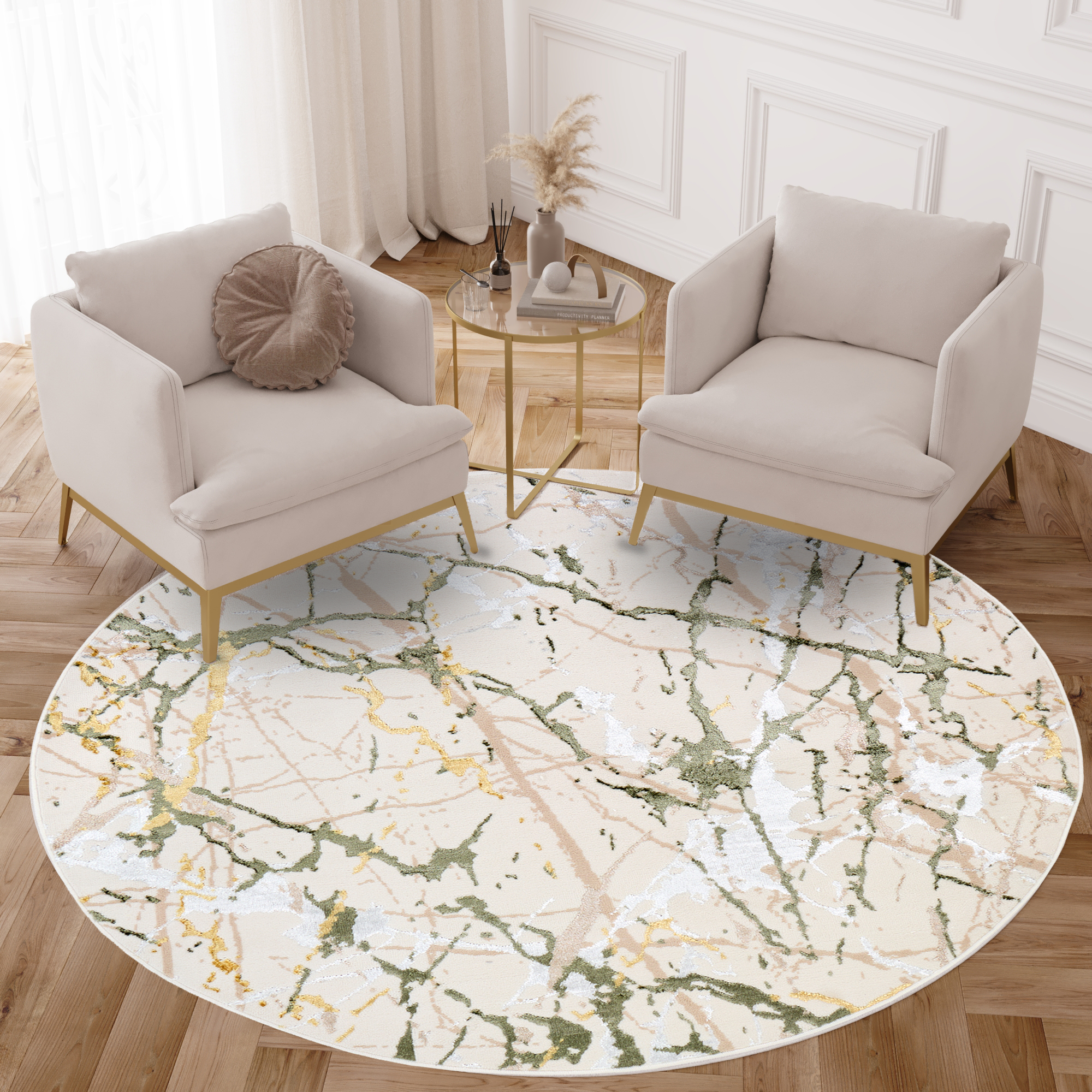 Vloerkleed Crystal Rond Groen Creme Abstract Marmer