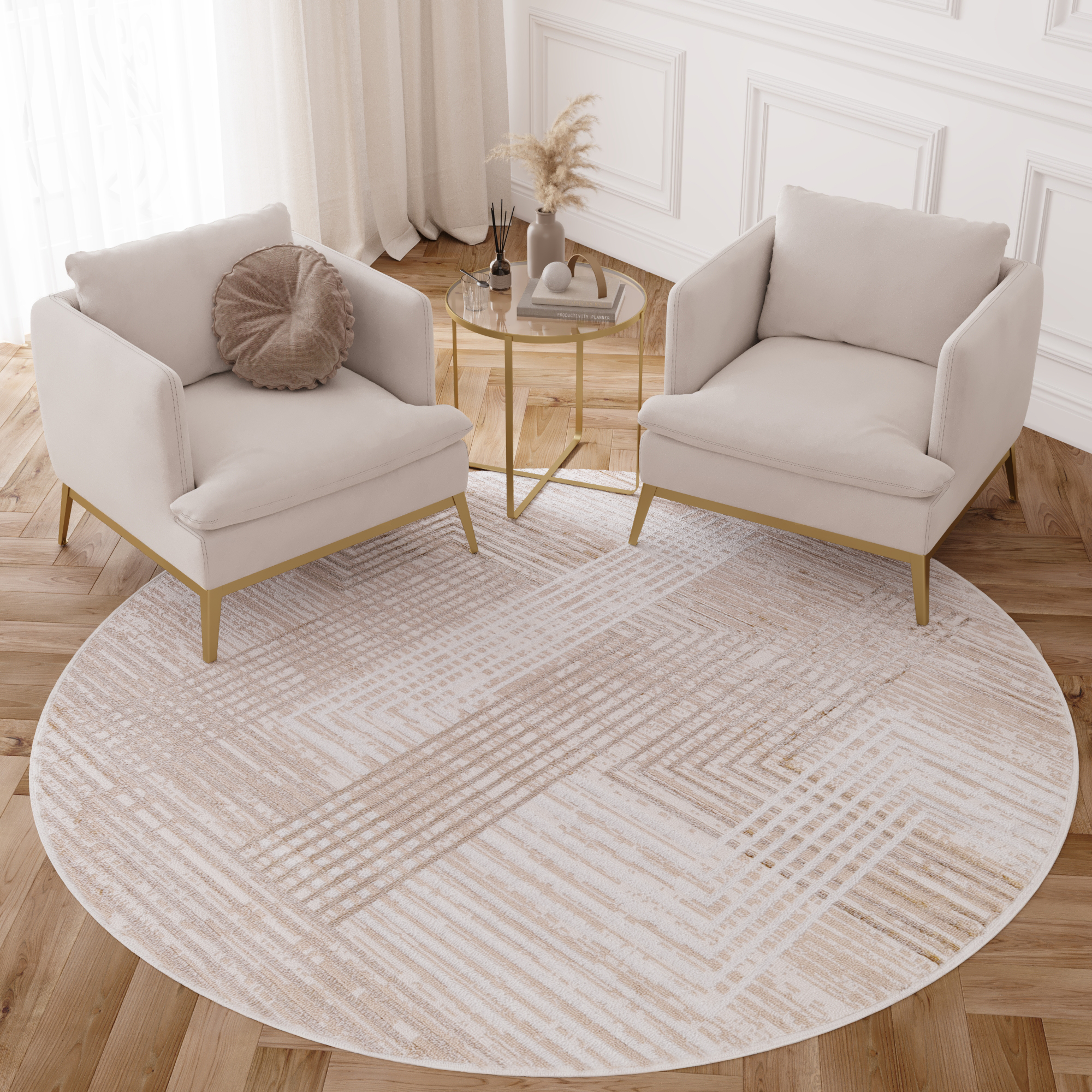 Vloerkleed Crystal Rond Beige Bruin Crème Strepen