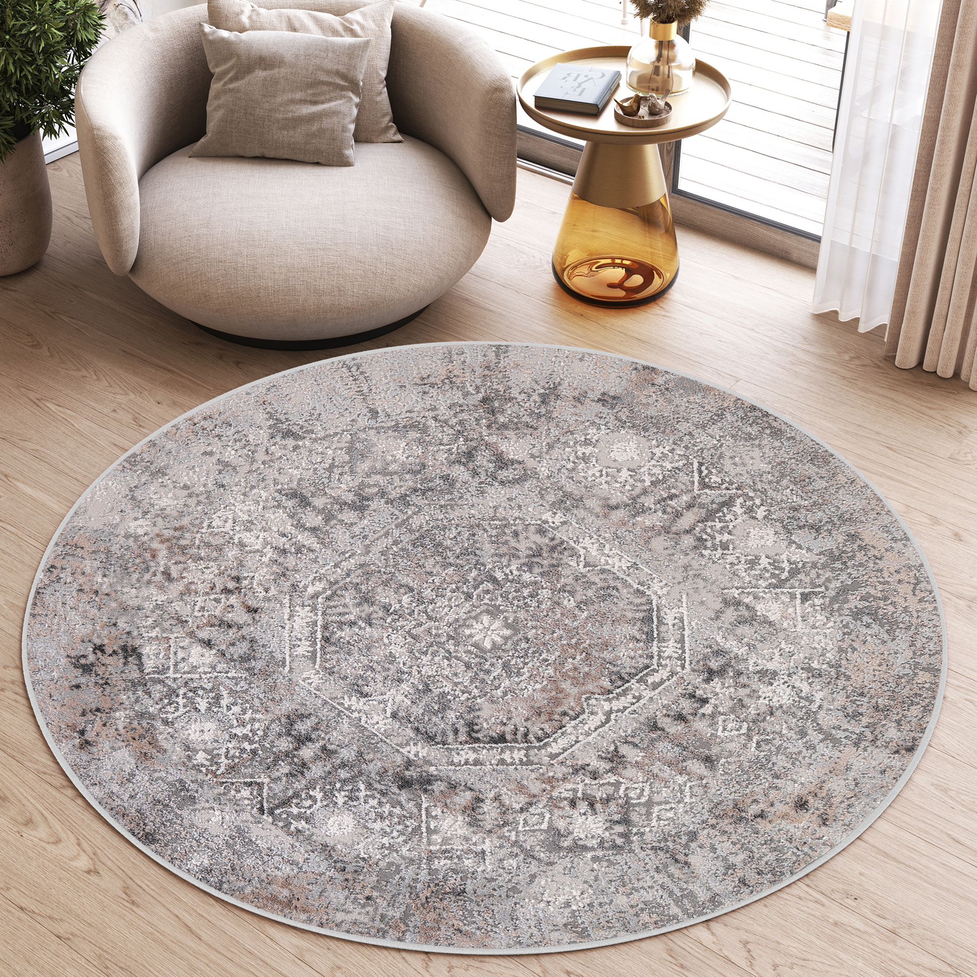 Vloerkleed Valley Rond Grijs Beige Vintage Ornamenten